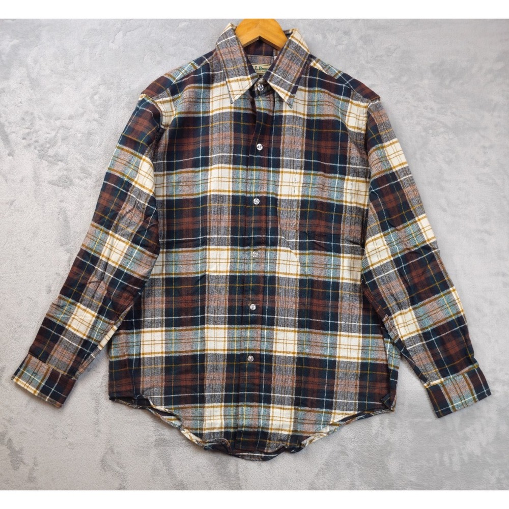 L.L. Bean Shirt Mens Large Brown Green Plaid Chest Pockets Workwear Vintage USA